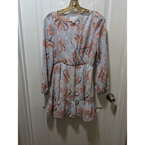 Jun & Ivy Dress Women’s Size XXS Blue & Pink Paisley V-Neck Belted Ruffled Lined